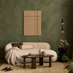 Plakat Minimalist living room design with an off-white sofa, dark wood coffee table, green textured wall, and unique decor