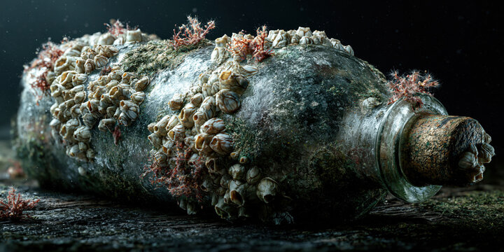 Abandoned metal cylinder covered in barnacles on a rocky seabed