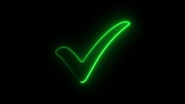 Glowing neon check mark icon animation on black background.. Glowing neon light tick mark icon animation True sign in neon style. check mark button. neon success, approved icon animation.