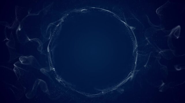 Blue background with a circular text area and moving particles