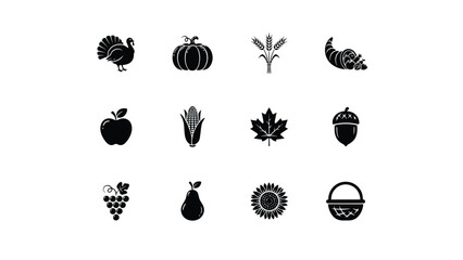 Fototapeta premium Black and white harvest icons set featuring seasonal produce and symbols in minimalist line art style with alongside symbolic items such acorns