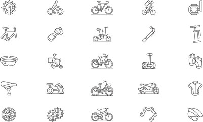 Obraz premium Bicycle and electric transport icons set. Bike delivery courier, e-bikes, scooters, and mechanical spare parts line art vector.