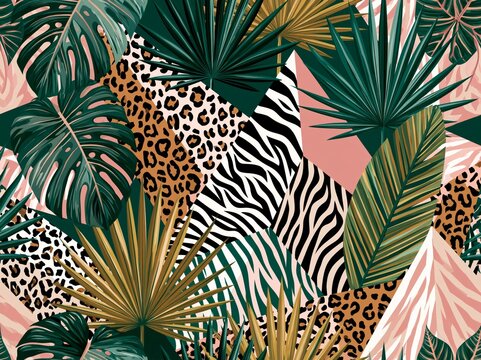 Abstract Mix Tropical Leaf, Leopard and Zebra Stripes Seamless Pattern. Vector Geometric Exotic Print
