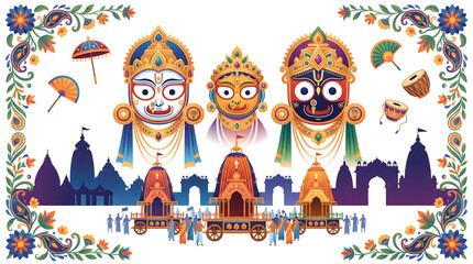 Naklejka premium Festive composition with three deity portraits chariot temple silhouettes and decorative elements.