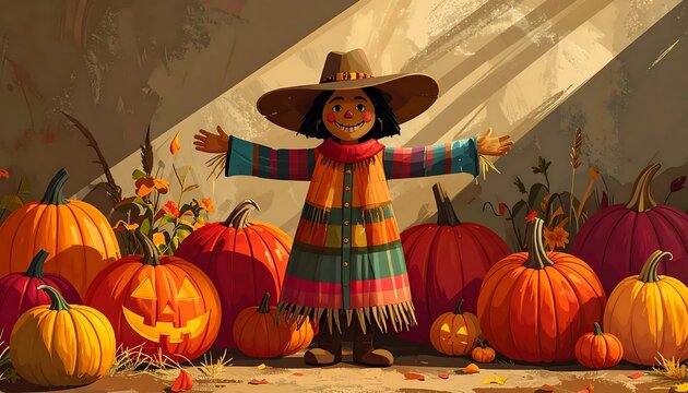 A festive autumn scene featuring a whimsical scarecrow surrounded by a vibrant patch of pumpkins.