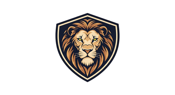 Majestic Lion Head Profile Contained within a Heraldic Shield Crest, Minimalist Vector Illustration, Abstract Royal Emblem Icon, Powerful Animal Mascot Logo Design Isolated on White Background.