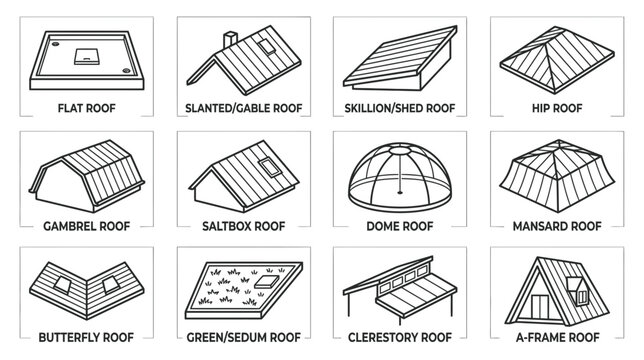 Types of Roofs: Flat, Gable, Shed, Hip, Gambrel, Saltbox, Dome, Mansard, Butterfly, Green, Clerestory, A-Frame