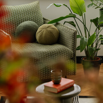 Cozy living space with green armchair, decorative pillows, potted plant, book, and warm natural light