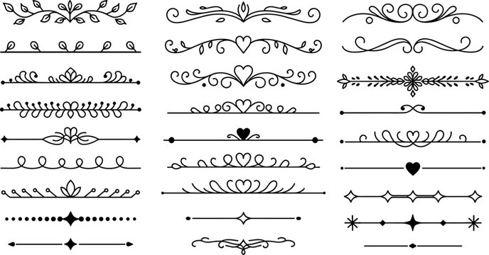 Vintage ornamental dividers collection black line swirl border design elements set isolated on white background for wedding invitation