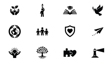 Fototapeta premium Modern minimalist icon set featuring symbols of growth education family with high contrast black white collection twelve minimalist icons arranged grid