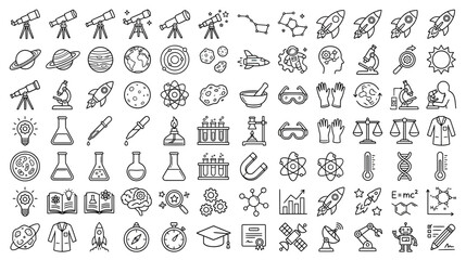 Science and Astronomy Icons: Telescopes, Rockets, Planets, Lab Equipment, Brain © firia
