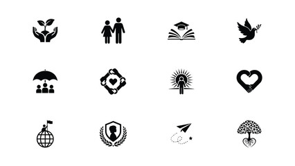 Modern minimalist black icons set featuring humanity growth education with high contrast collection twelve black white icons arranged grid each symbolizing distinct themes family © Shovon