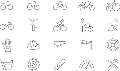 Fototapeta premium Bicycle lifestyle and fitness icons set. Bike types, training gear, cycling accessories, and thin line art symbols vector.