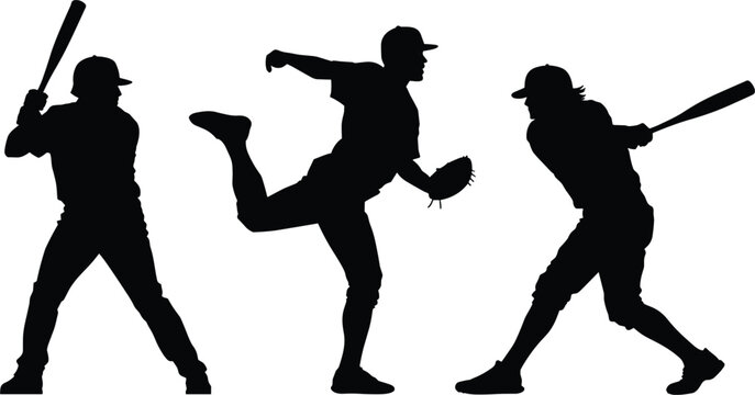 Silhouette collection of baseball players in action poses including batting and pitching in a black and white style