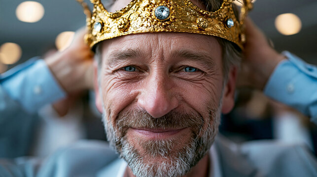 B&auml;rtiger Mann mit goldener Krone grinst breit im modernen Gro&szlig;raumb&uuml;ro