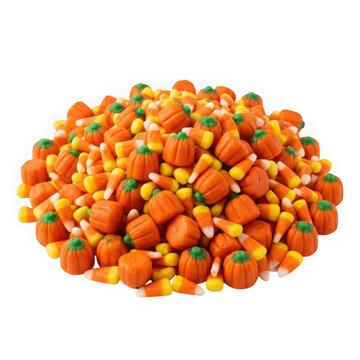 A festive pile of colorful candy corn and mellowcreme pumpkins for Halloween.