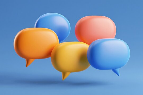 Set of four 3D speech bubble icons, isolated on blue background. 3D Chat icon set. Set of 3d speak bubble. Chatting box, message box. Web Illustrations. 3D Chat icon set. Balloon style.