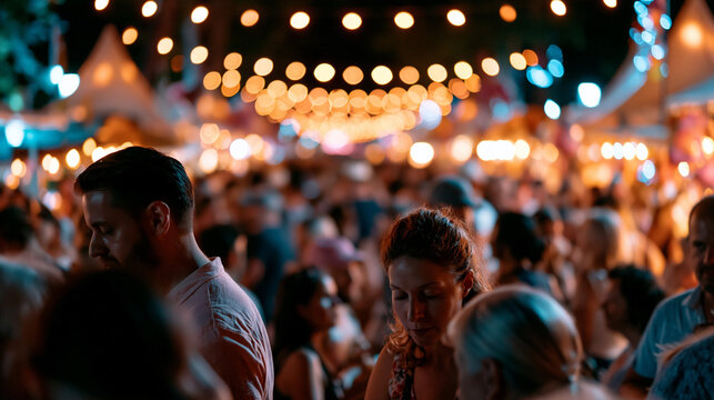 Unscharfe Menschenmenge feiert abends unter bunten Lichterketten fr&ouml;hlich