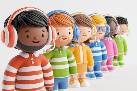Online global technical support 24 7. 3D Smiling office operators with headsets character. Customer service, call center, hotline, customer support department staff. 3d vector people character