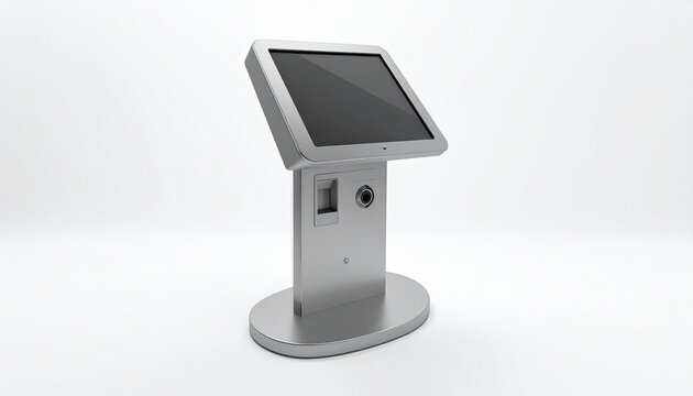 Modern metallic touchscreen kiosk with card reader symbolizes self‑service, technology, and efficiency.
