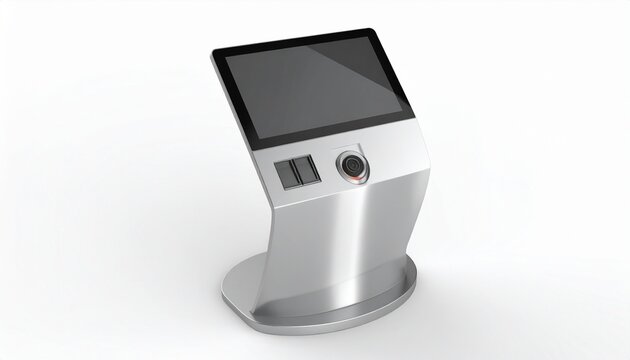 Modern metallic touchscreen kiosk with card reader symbolizes self‑service, technology, and efficiency.