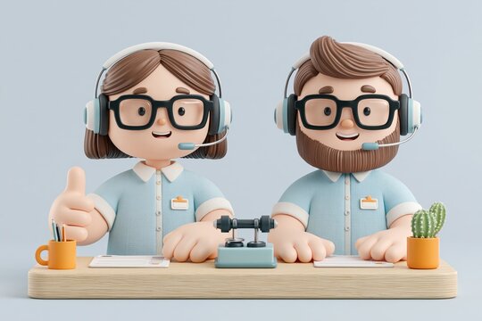 Online global technical support 24 7. 3D Smiling office operators with headsets character. Customer service, call center, hotline, customer support department staff. 3d vector people character