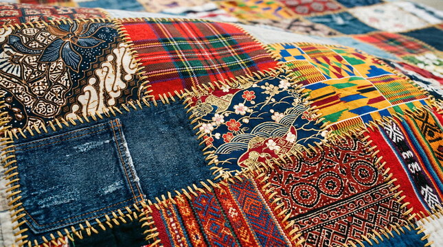 Colorful patchwork quilt with diverse fabric patterns and textures, handmade textile art