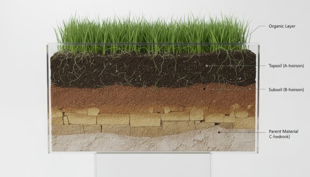 A detailed cross section of soil layers illustrating organic topsoil subsoil and parent material to represent natural structure and environmental educational insight