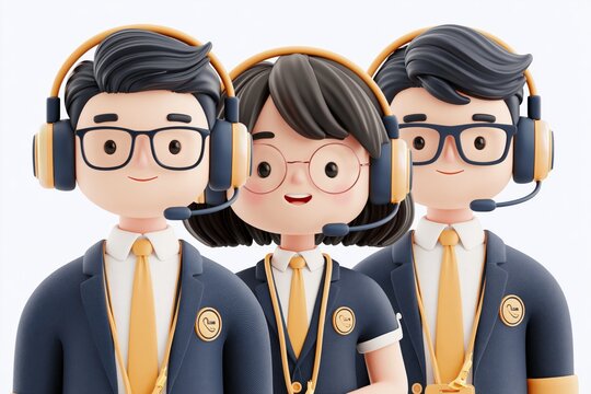 Online global technical support 24 7. 3D Smiling office operators with headsets character. Customer service, call center, hotline, customer support department staff. 3d vector people character
