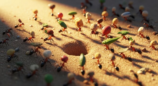 Ant colony working together, carrying food items and building near their nest entrance