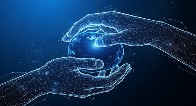 Artistic 3D wireframe render of two glowing blue human hands in a nurturing embrace gesture, showcasing detailed palm anatomy and digital network structure on a dark background vector.