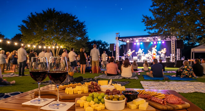 Elegant pair of crystal goblets filled with crimson red wine on rustic wooden table during sophisticated outdoor jazz performance evening festival with gourmet snack and food
