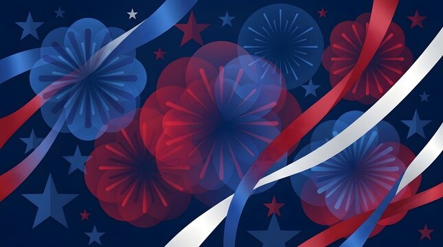 Patriotic celebration with fireworks and ribbons on dark blue background.