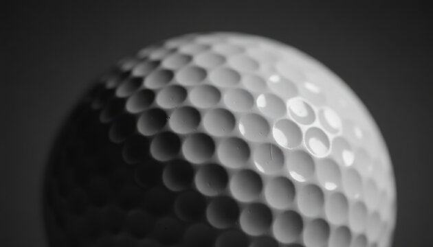 Close up macro shot of a white golf ball showing the detailed pattern of dimples and soft shadows in black and white