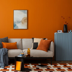 Fototapeta na wymiar Modern Living Room Interior with Stylish Decor and Vibrant Orange Wall