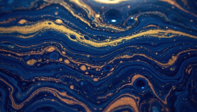 Abstract fluid art showing deep blue and gold marble textures with swirling patterns and shimmering metallic veins