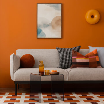 Modern Living Room Interior with Neutral Sofa and Vibrant Orange Wall Decor, Contemporary Home Design