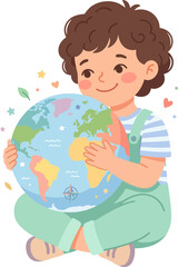 Fototapeta premium Child holds planet Earth with care during bright day representing environmental protection and global unity flat vector illustration