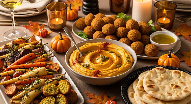 Festive Thanksgiving feast table display featuring a golden pumpkin pie creamy hummus traditional falafel roasted seasonal vegetable and artisanal flatbread in a warm autumn celebration setting.