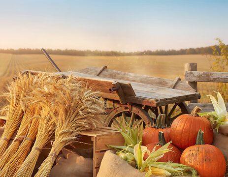 Autumn Harvest Scene with Pumpkins, Wheat Sheaves and Rustic Wooden Cart at Golden Sunrise
