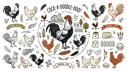 Rooster Crowing with Farm Animals and Rural Life Elements - Hand-Drawn Style © fredi