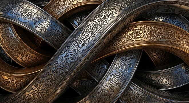 Intricate Metal Weave: Gleaming Gold & Silver Threads with Ancient Engravings