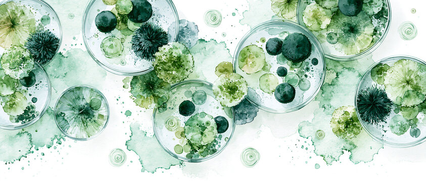 Abstract watercolor banner with green microalgae in petri dishes. Concept background for cosmetic, skincare, and biotech advertising