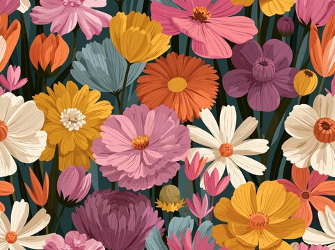 Colorful seamless floral pattern with hand draw spring flower. Vector 10 EPS for your creative design