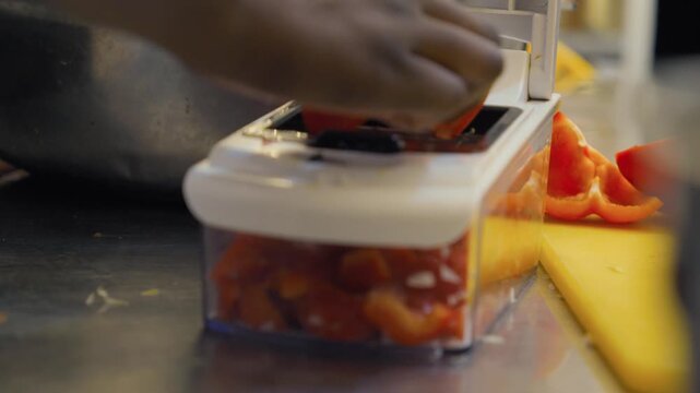 A close-up shot of a chef using a manual vegetable chopper to quickly dice fresh red bell peppers in a professional kitchen setting