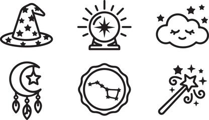 Set of six black and white magic and astrology icons with wizard hat crystal ball and star wand © Mostafizur