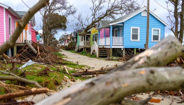Coastal street lined with colorful houses shows significant storm damage with fallen trees and scattered debris everywhere