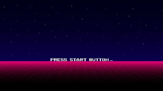 Level up. pixel art 8 bit. Retro Futurism Sci-Fi Background. glowing neon grid. and stars from vintage arcade computer games.