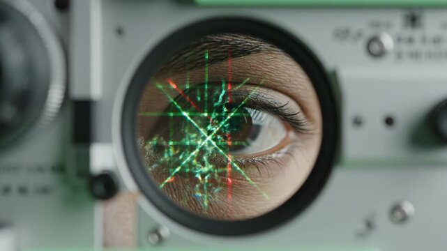 A close-up video shows a human eye being scanned by a futuristic device. Green and red laser patterns project over the iris through a mechanical lens, followed by a slow blink.