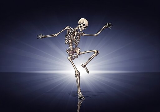 Dancing Skeleton: Ethereal Glow, Deep Blue Backdrop, 3D Render's Textured Bones & Depth